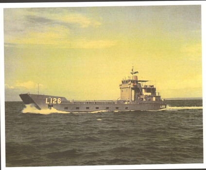 Coloured photograph of Royal Australian Army L.C.H vessel "Balikpapan" L126 in transit to Vietnam.