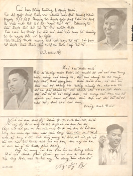 A propaganda flyer with three men's photos and information beside them.