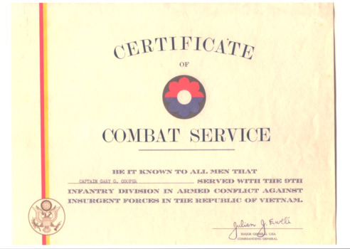 A copy of a Certificate of Combat Service.