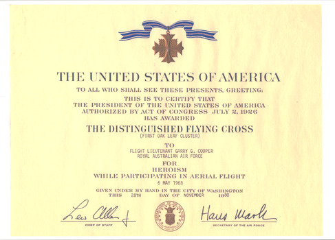 A copy of details for the United States of America award of the Distinguished Flying Cross