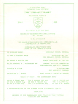 Australian Army Training Team: Thirtieth Anniversary Memorial Service 1962 - 1992