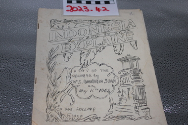 A nine page hand drawn booklet with the words "Indonesia Explains" across the top. 