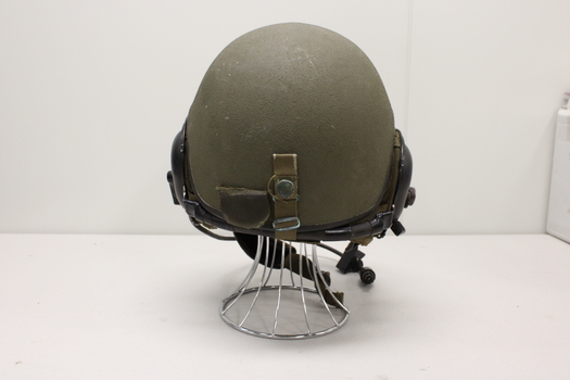 Back view of helmet with built in headphones and wireless attachments