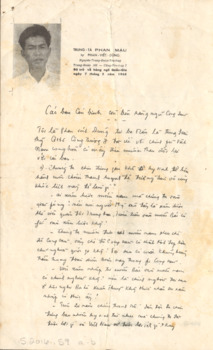 A propaganda flyer written with a black and white photograph on one side and written in Vietnamese on both sides.