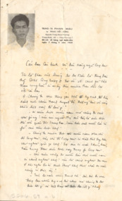 A propaganda flyer written with a black and white photograph on one side and written in Vietnamese on both sides.