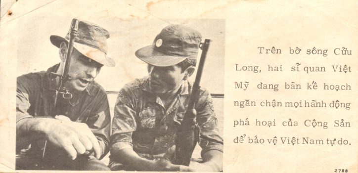 A small Vietnamese propaganda flyer with two black and white photos on them