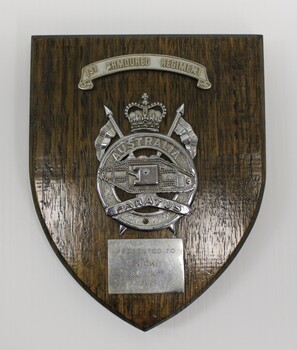 Wooden Plaque with silver metal insignia of 1st Armoured Regiment