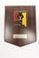 Wooden plaque with red, blue, yellow, black, white and gold insignia of DSU Adelaide 