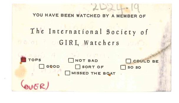Front of card - The international Society of GIRL watchers with tick the box options.