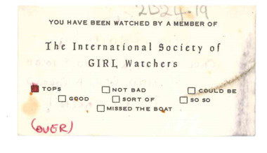 Front of card - The international Society of GIRL watchers with tick the box options.