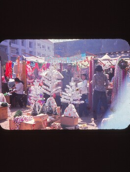 A coloured slide of a street market