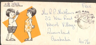 Airmail envelop - print of man taking photo of woman against orange shape. Address and airmail stamp.