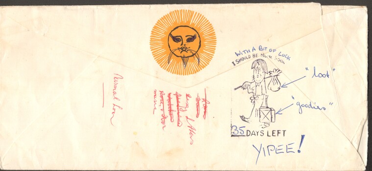 On Back - print of man with suitcase and bindle over shoulder. Wording 'I should be home soon'. Orange sun design with face drawn on it.