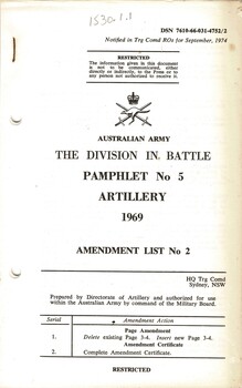 Australian Military Forces: The Division In Battle: Pamphlet No. 5, Artillery, 1969 Amendment List No: 2