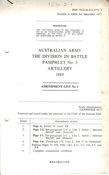Australian Military Forces: The Division In Battle: Pamphlet No. 5, Artillery, 1969