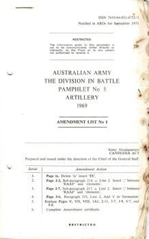 Australian Military Forces: The Division In Battle: Pamphlet No. 5, Artillery, 1969