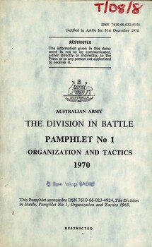 Australian Army: The Division In Battle, Pamphlet No. 1: Organization And Tactics, 1970 