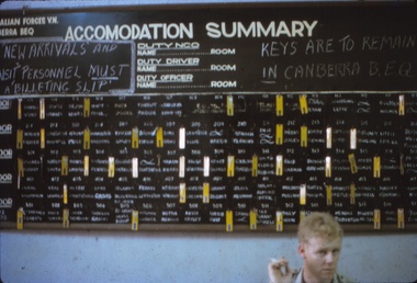 Canberra BEQ accommodation board with names and keys for rooms.