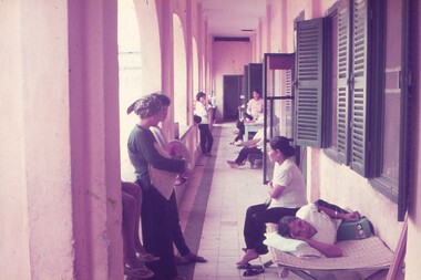 Pregnant women on veranda at maternity ward.