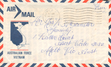 An Australian Force Vietnam Air Mail envelope address to Mr and Mrs Alexander and family in Ascot Vale, Melbourne.