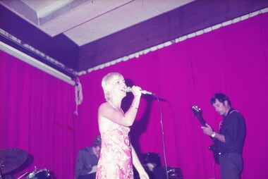 Female entertainer in pink shimmery dress performing with microphone in hand.