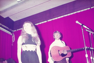 Female entertainer and male entertainer with acoustic guitar.
