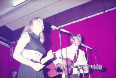 Female entertainer at microphone with male entertainer playing guitar and performing at microphone.