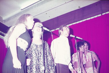 4 female entertainers and 1 male entertainer performing at microphones.