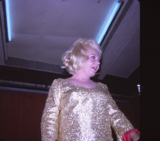 Female entertainer in Gold shimmer dress.
