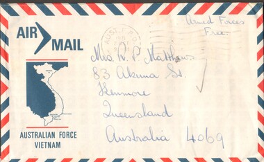 Envelope with red and blue striped boarder, Air Mail with boomerang above map of Vietnam and Australian Force Vietnam under.