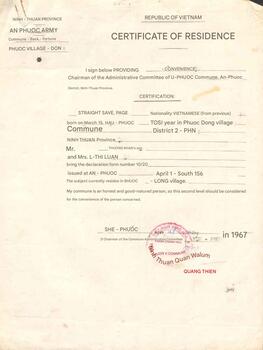 Republic of Vietnam - Residence Certificate ID for Luu Thu Hang Vietnamese nationality (for citizen).