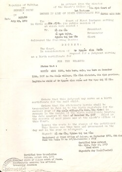 Decree in Lieu of Birth Certificate for Nguyen Binh Hung