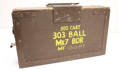 A metal and wood ammunition box with metal handles on the top and metal side latches. 