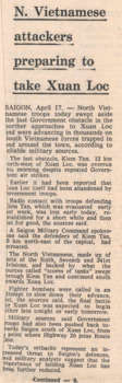 Article titled N. Vietnamese attackers preparing to take Xuan Loc