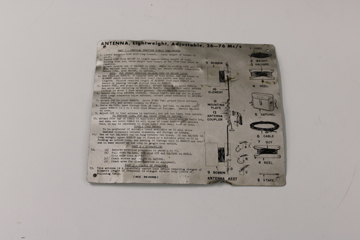 Metal plate with instructions on erecting antenna