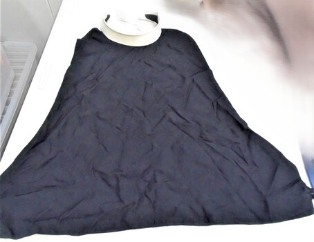 A priest detachable collar and black front vest.