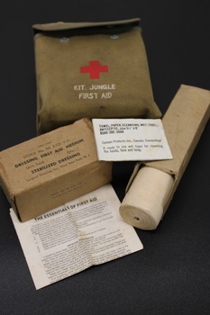 Canvas pouch with first aid supplies used in the jungle.