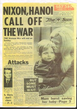 Front page of the newspaper The Melbourne Sun - Nixon, Hanoi Call Off The War.