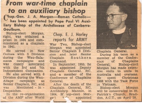 A Newspaper Clipping Titled "From war-time chaplain to an auxiliary bishop".