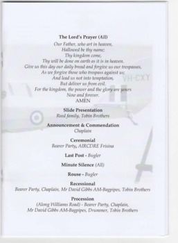 Outline of the Order of Service at the funeral for Alan Reed.  