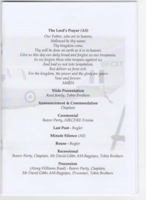 Outline of the Order of Service at the funeral for Alan Reed.  