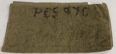 Olive green army issue cotton hand towel.