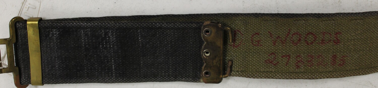Dark green webbing with metal eyelets for attaching various pouches.