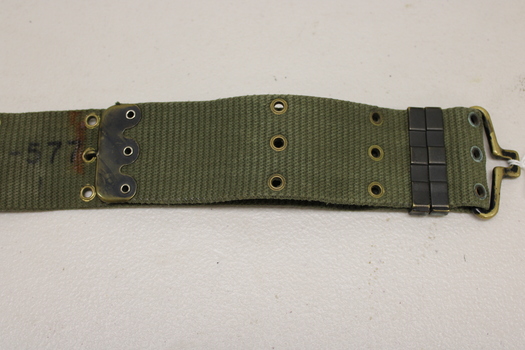 Khaki webbed belt with brass buckle, metal clamps and brass eyelets.