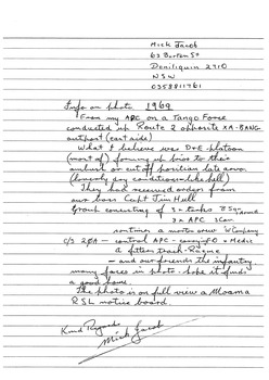 Letter describing the image of an APC Tango Force up route 2 opposite XA - Bang outpost 1969.