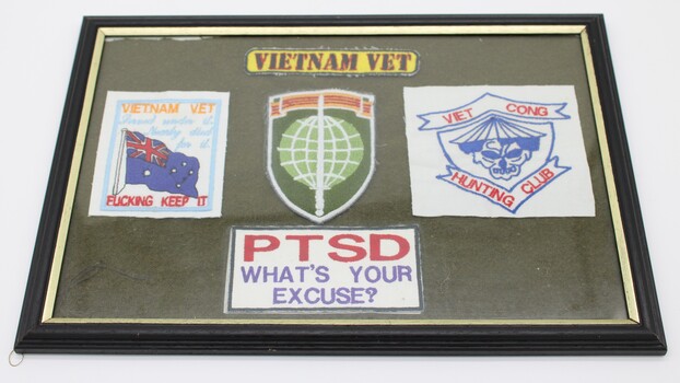 5 cloth badges mounted under glass. 