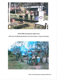Two separate images both showing soldiers enjoying a bar-be-que amongst rubber trees 
