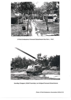 Two images. Top image ss of Forward Detachment Nui Dat. Bottom image standby chopper on helipad. 