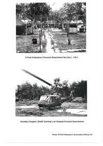 Two images. Top image ss of Forward Detachment Nui Dat. Bottom image standby chopper on helipad. 