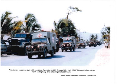 Ambulances on convoy with Australian US Army vehicles 1968.
